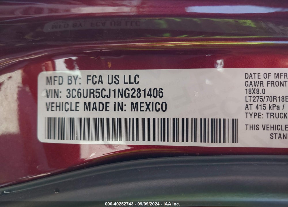 2022 RAM 2500 TRADESMAN 4X4 6'4 BOX VIN: 3C6UR5CJ1NG281406
