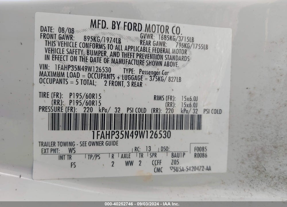 2009 FORD FOCUS SE VIN: 1FAHP35N49W126530