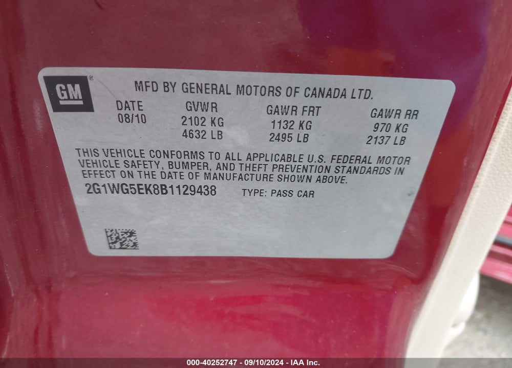 2011 CHEVROLET IMPALA LT VIN: 2G1WG5EK8B1129438