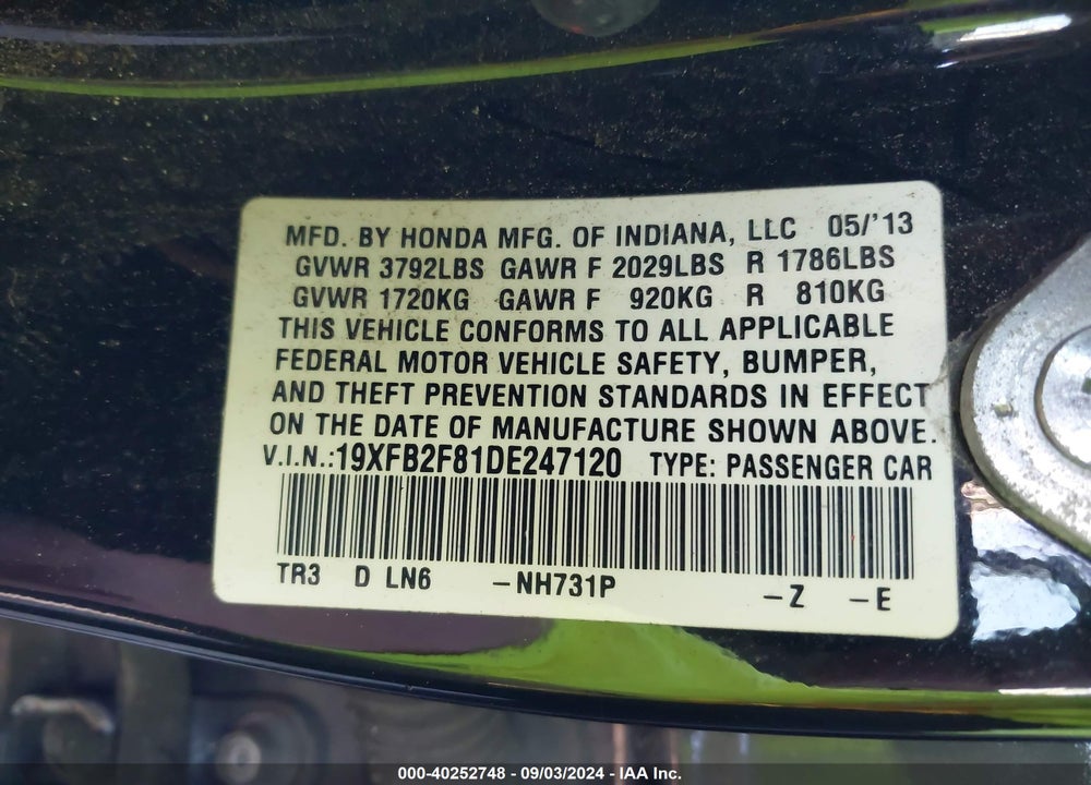 2013 HONDA CIVIC VIN: 19XFB2F81DE247120