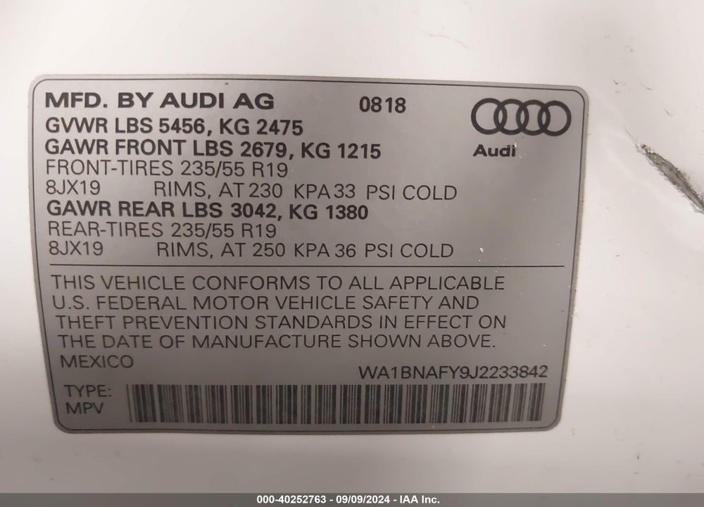 2018 AUDI Q5 2.0T PREMIUM VIN: WA1BNAFY9J2233842