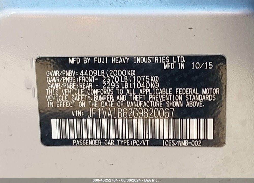 2016 SUBARU WRX VIN: JF1VA1B62G9820067