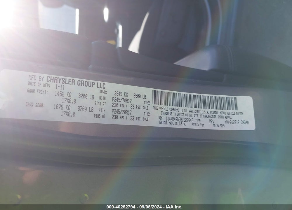 2011 JEEP GRAND CHEROKEE LAREDO VIN: 1J4RR4GG5BC622645
