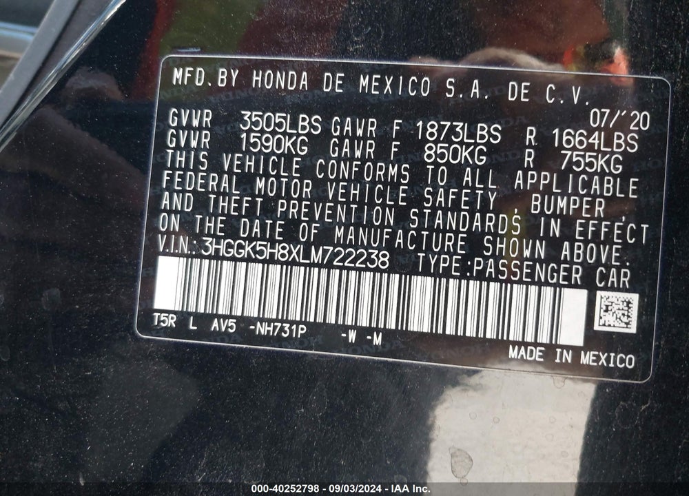 2020 HONDA FIT EX VIN: 3HGGK5H8XLM722238