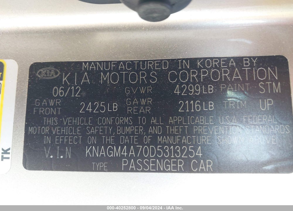 2013 KIA OPTIMA LX VIN: KNAGM4A70D5313254