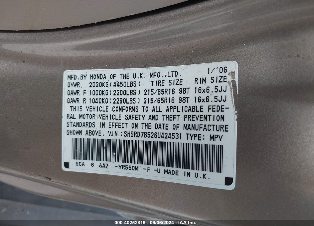2006 HONDA CR-V LX VIN: SHSRD78526U424531