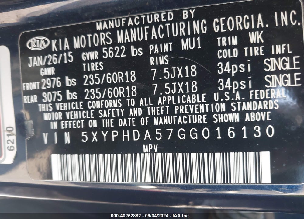 2016 KIA SORENTO 3.3L EX VIN: 5XYPHDA57GG016130