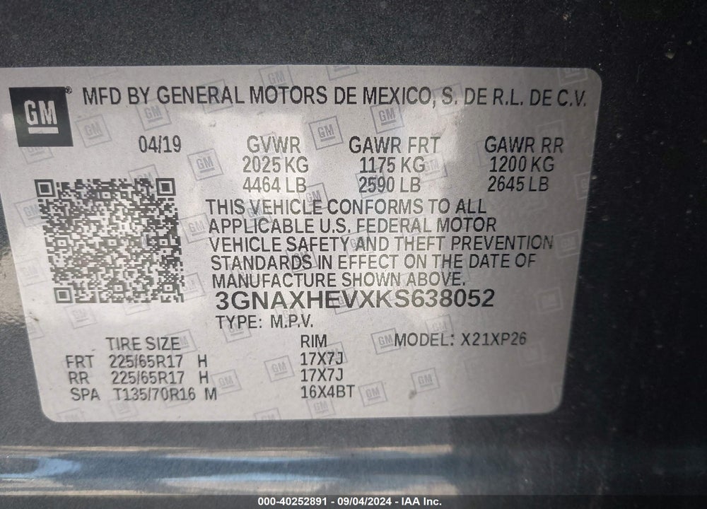 2019 CHEVROLET EQUINOX LS VIN: 3GNAXHEVXKS638052