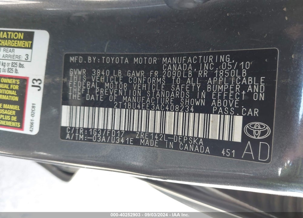 2010 TOYOTA COROLLA S VIN: 2T1BU4EE3AC408234