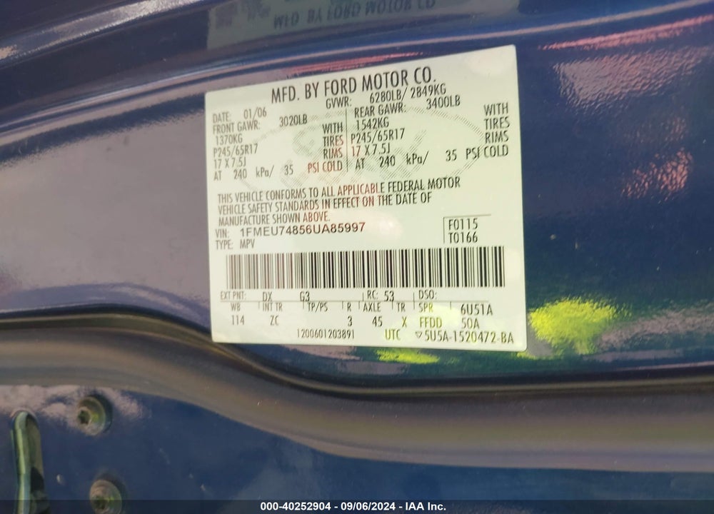 2006 FORD EXPLORER EDDIE BAUER VIN: 1FMEU74856UA85997