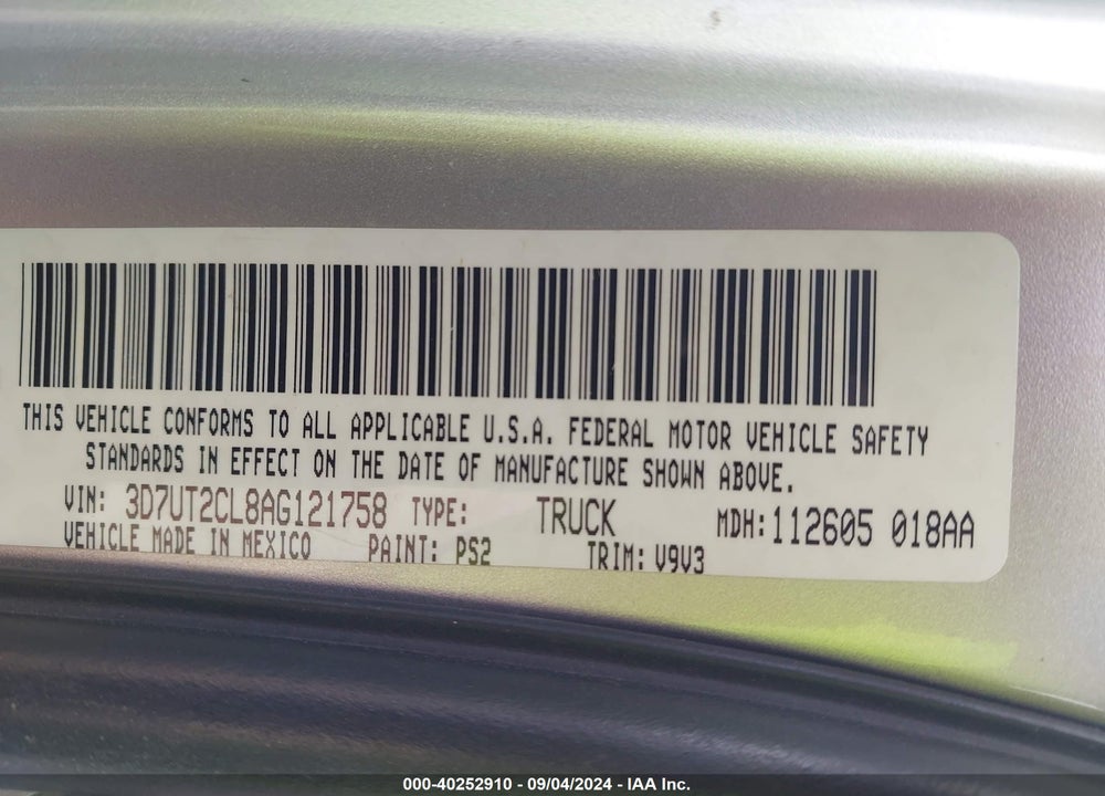 2010 DODGE RAM 2500 ST VIN: 3D7UT2CL8AG121758