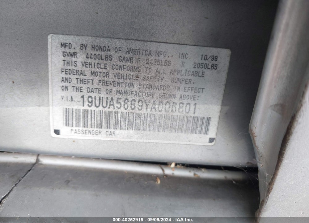 2000 ACURA TL 3.2 VIN: 19UUA5669YA006801