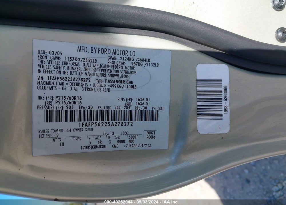 2005 FORD TAURUS SEL VIN: 1FAFP56225A278272