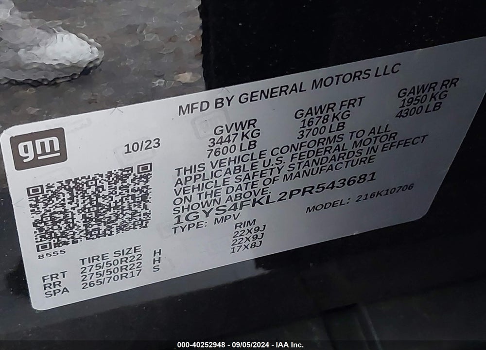 2023 CADILLAC ESCALADE 4WD SPORT VIN: 1GYS4FKL2PR543681
