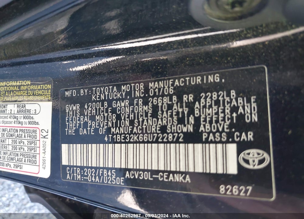 2006 TOYOTA CAMRY LE VIN: 4T1BE32K66U722872