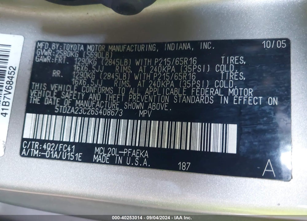 2006 TOYOTA SIENNA LE VIN: 5TDZA23C26S408673