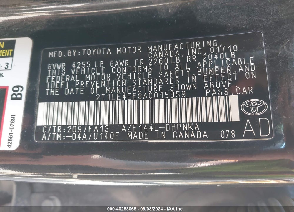 2010 TOYOTA MATRIX S VIN: 2T1LE4EE8AC015959