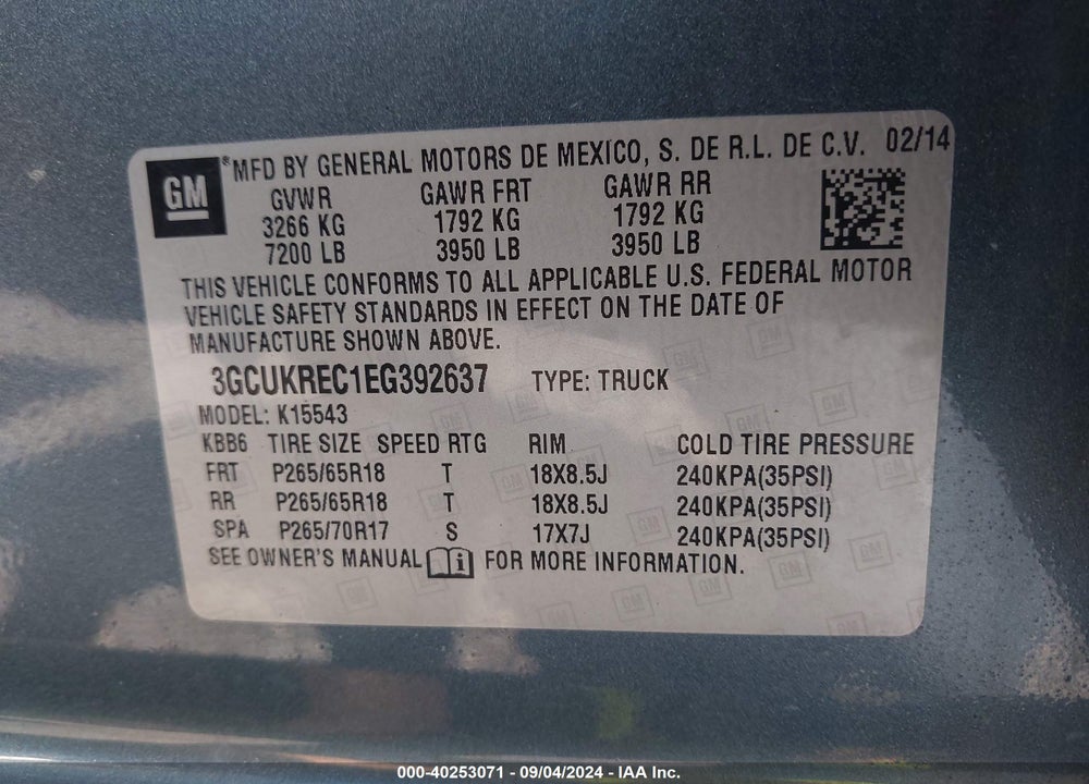 2014 CHEVROLET SILVERADO 1500 1LT VIN: 3GCUKREC1EG392637