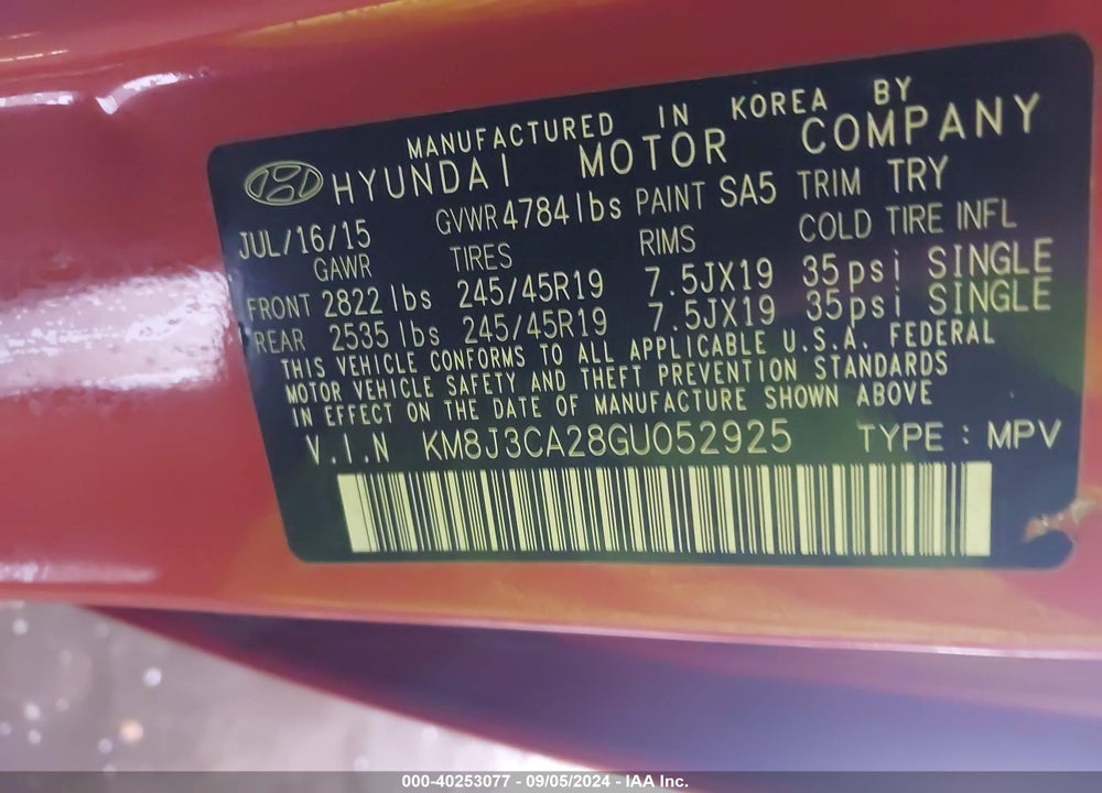 2016 HYUNDAI TUCSON SPORT VIN: KM8J3CA28GU052925