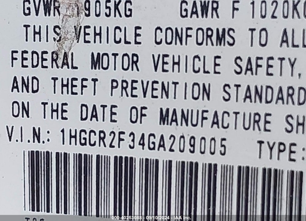 2016 HONDA ACCORD LX VIN: 1HGCR2F34GA209005