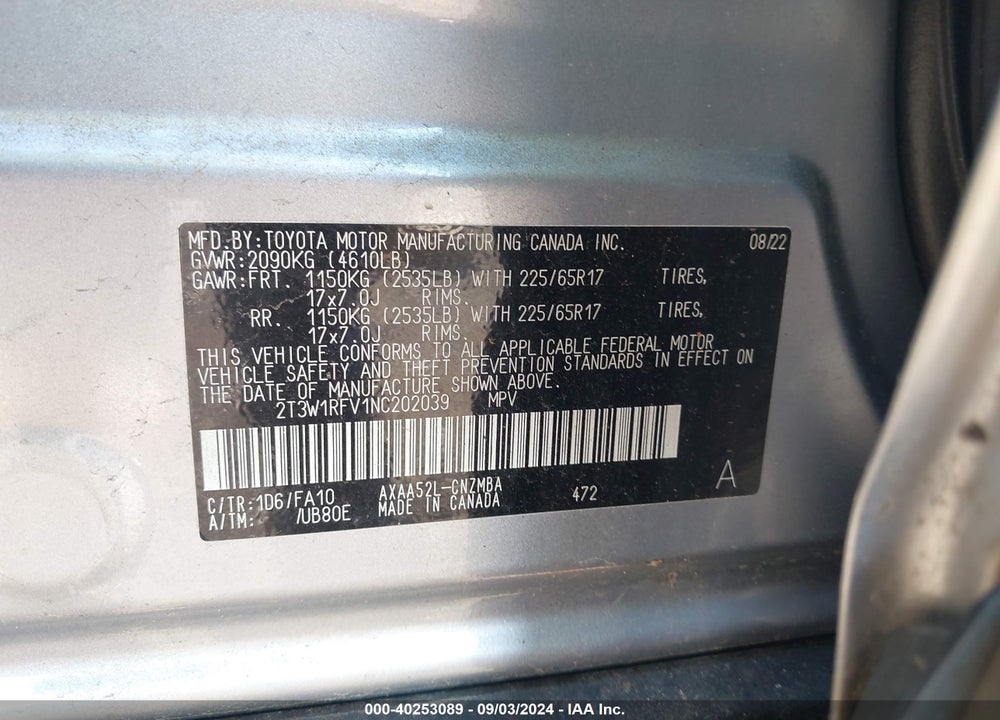 2022 TOYOTA RAV4 XLE VIN: 2T3W1RFV1NC202039