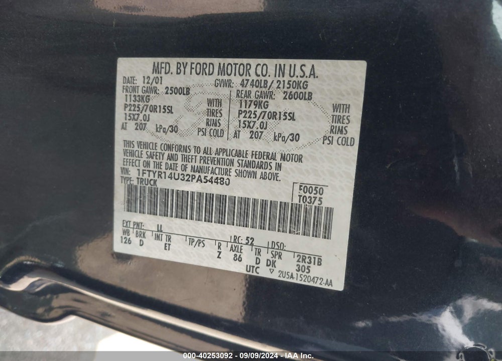 2002 FORD RANGER VIN: 1FTYR14U32PA54480