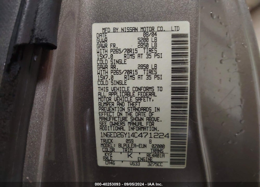 2004 NISSAN FRONTIER XE-V6 VIN: 1N6ED26Y14C471224