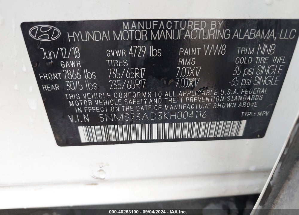 2019 HYUNDAI SANTA FE SE VIN: 5NMS23AD3KH004116