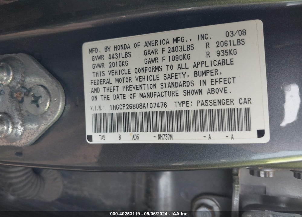 2008 HONDA ACCORD 2.4 EX-L VIN: 1HGCP26808A107476