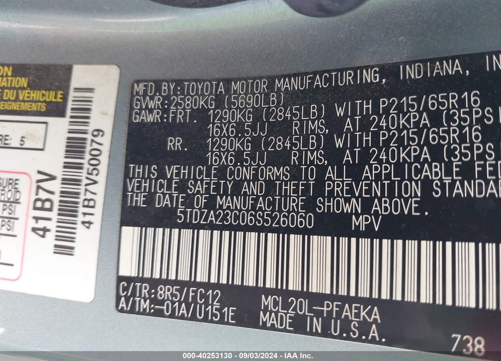 2006 TOYOTA SIENNA VIN: 5TDZA23C06S526060