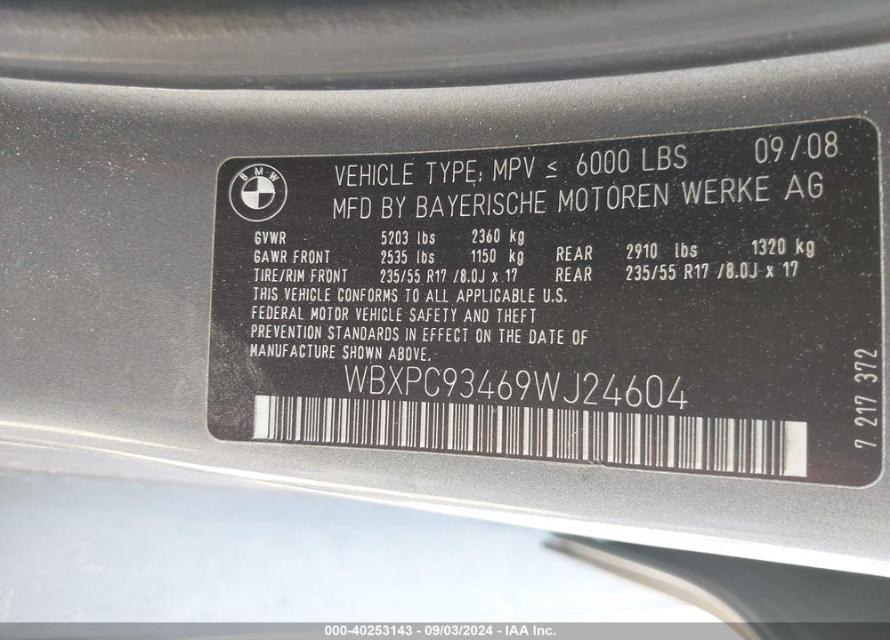 2009 BMW X3 XDRIVE30I VIN: WBXPC93469WJ24604