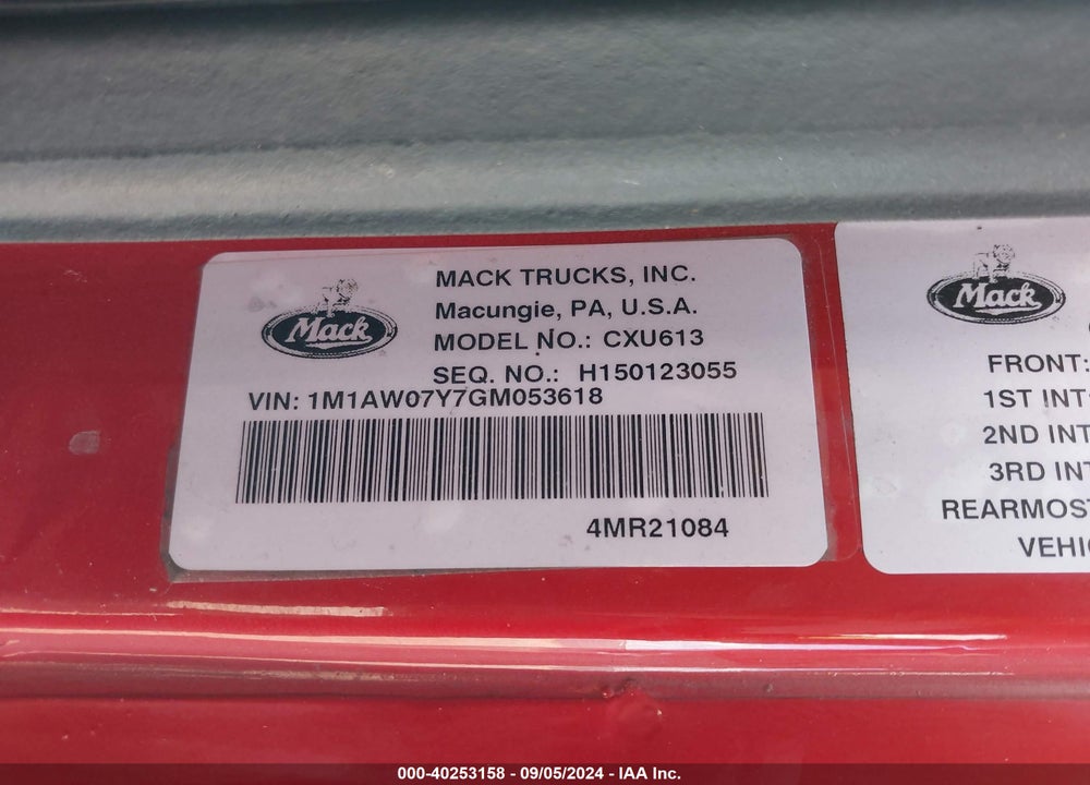 2016 MACK CXU613 VIN: 1M1AW07Y7GM053618