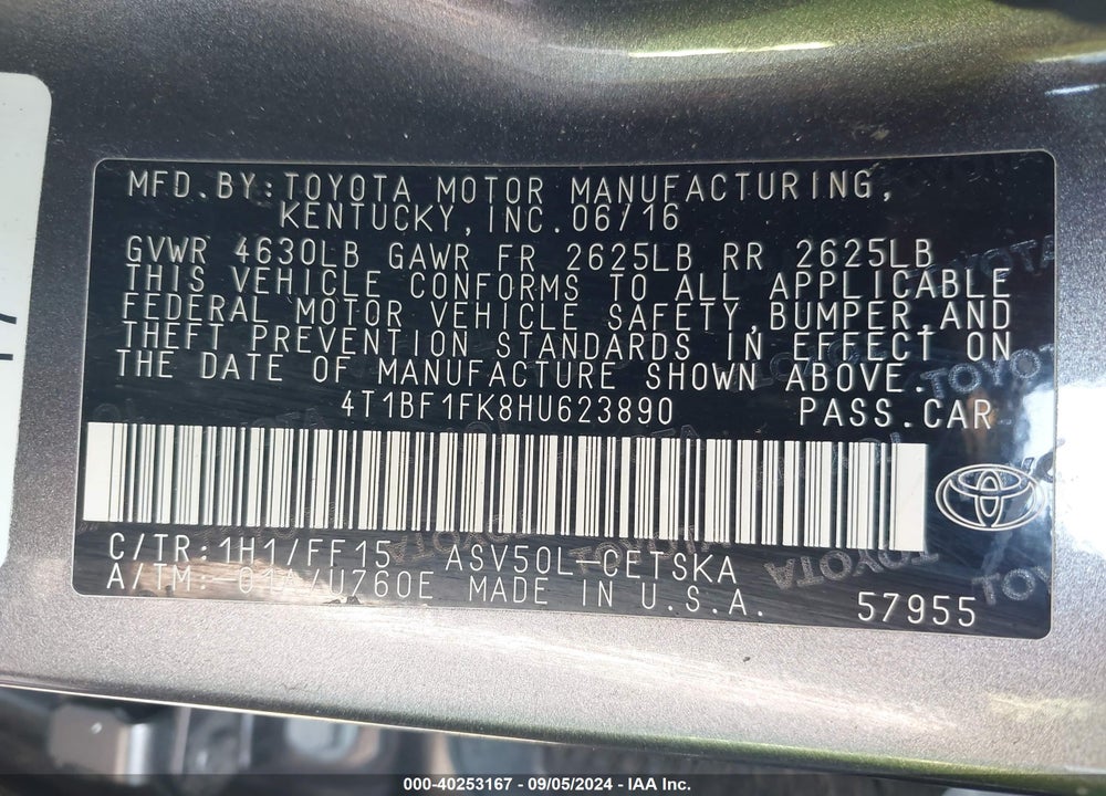 2017 TOYOTA CAMRY SE VIN: 4T1BF1FK8HU623890