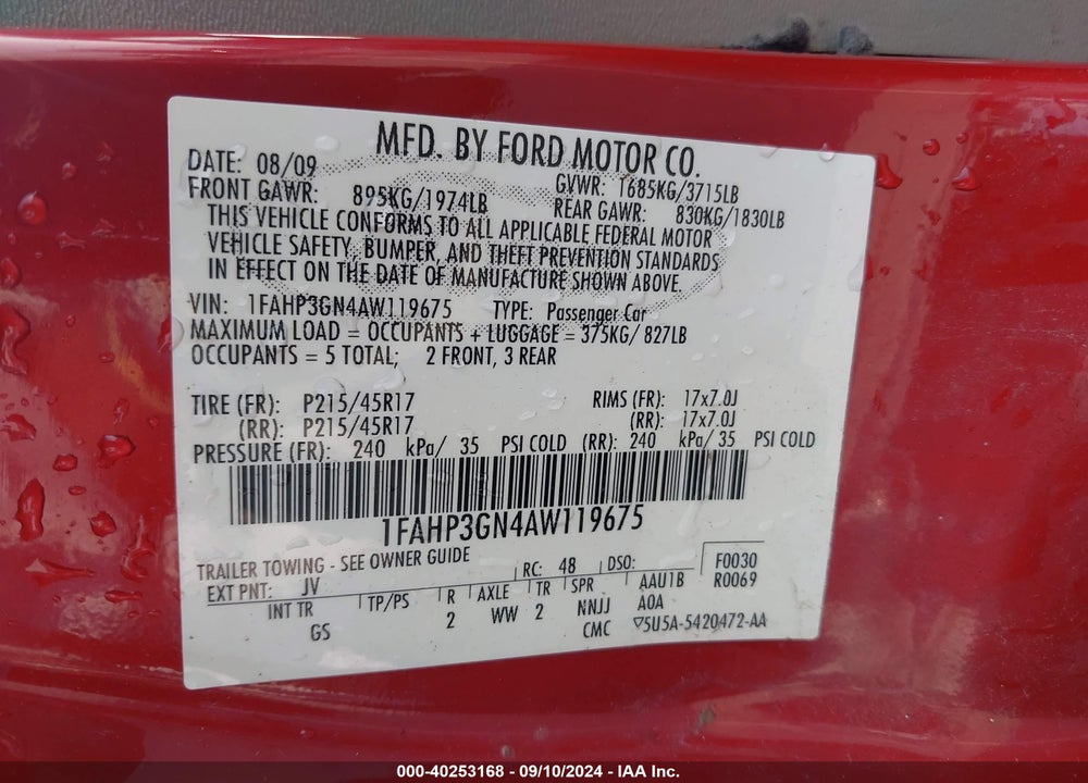 2010 FORD FOCUS SES VIN: 1FAHP3GN4AW119675