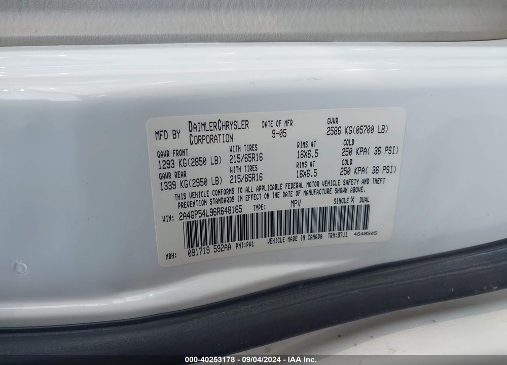 2006 CHRYSLER TOWN & COUNTRY TOURING VIN: 2A4GP54L96R648165
