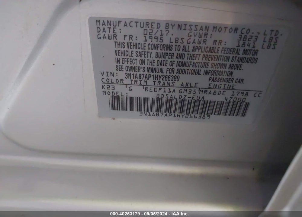 2017 NISSAN SENTRA SV VIN: 3N1AB7AP1HY266389