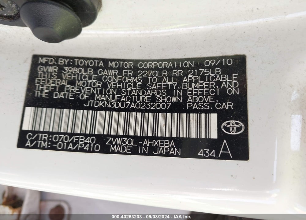 2010 TOYOTA PRIUS II VIN: JTDKN3DU7A0232007