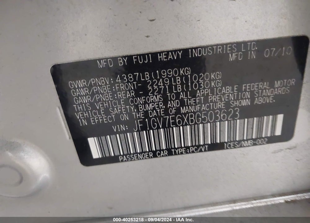 2011 SUBARU IMPREZA WRX VIN: JF1GV7E6XBG503623