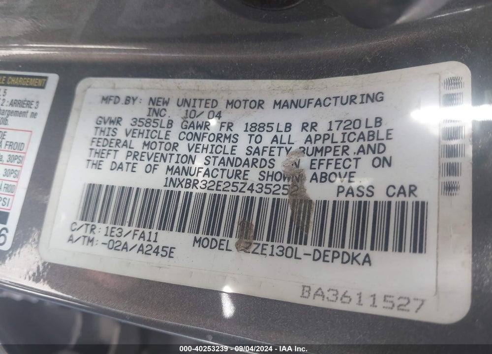 2005 TOYOTA COROLLA CE VIN: 1NXBR32E25Z435252