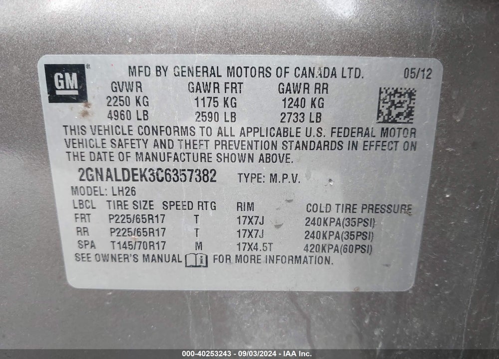 2012 CHEVROLET EQUINOX 1LT VIN: 2GNALDEK3C6357382