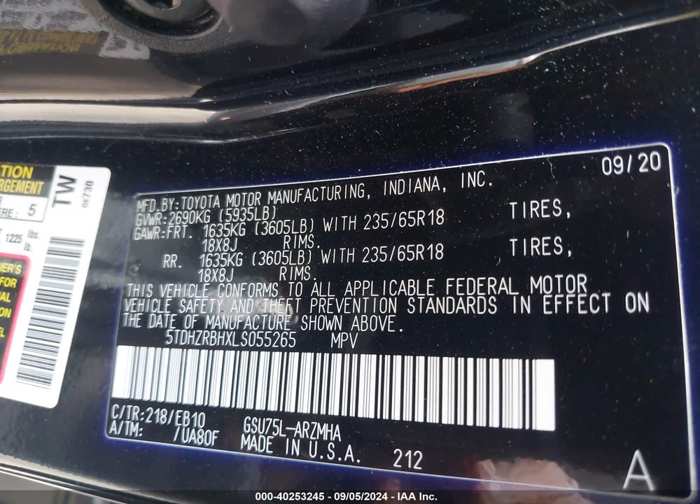 2020 TOYOTA HIGHLANDER XLE VIN: 5TDHZRBHXLS055265