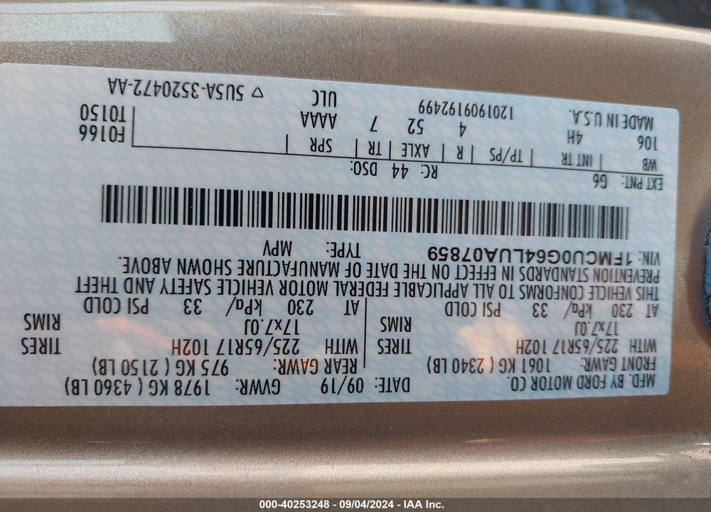 2020 FORD ESCAPE VIN: 1FMCU0G64LUA07859