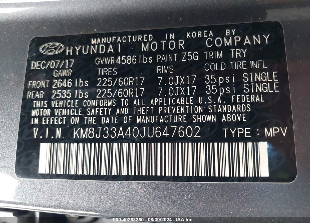 2018 HYUNDAI TUCSON SEL VIN: KM8J33A40JU647602