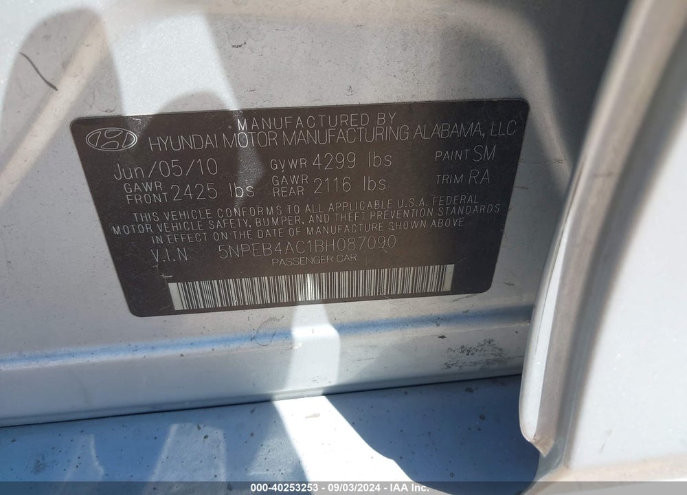 2011 HYUNDAI SONATA GLS VIN: 5NPEB4AC1BH087090