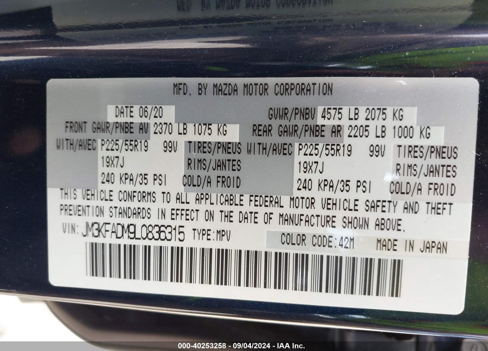 2020 MAZDA CX-5 GRAND TOURING VIN: JM3KFADM9L0836315