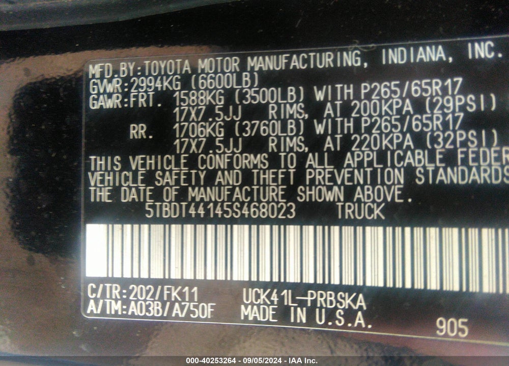 2005 TOYOTA TUNDRA SR5 V8 VIN: 5TBDT44145S468023