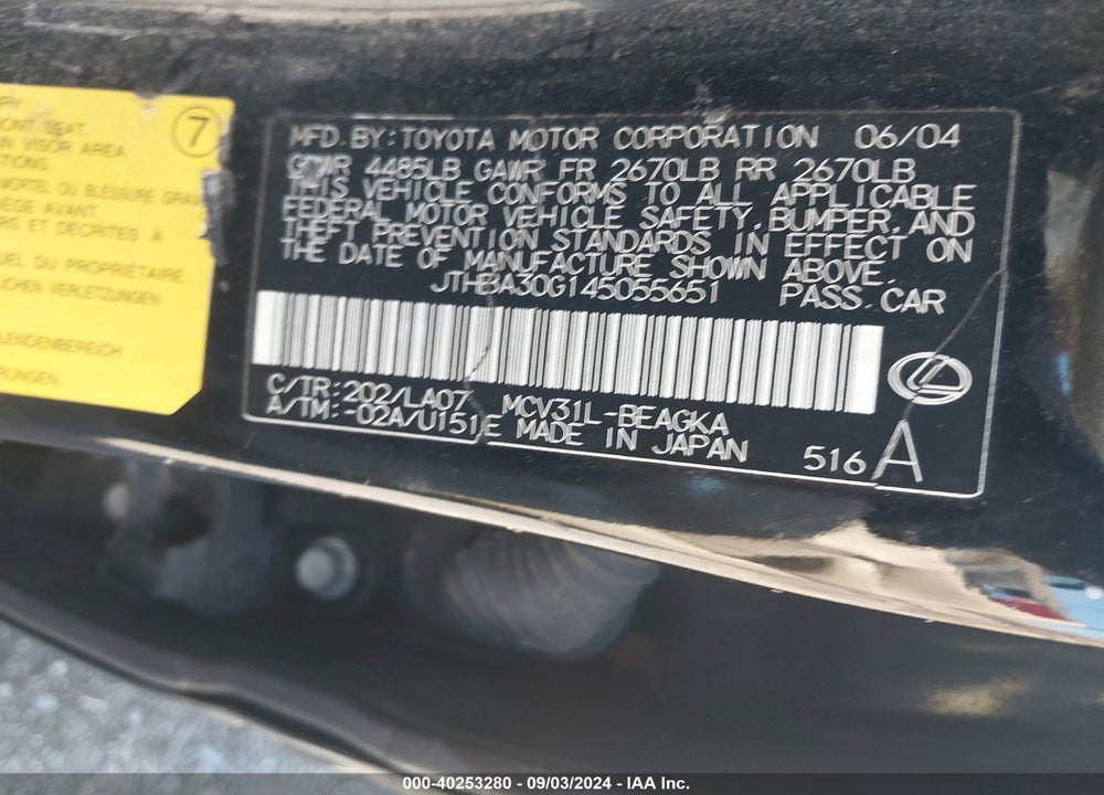 2004 LEXUS ES 330 VIN: JTHBA30G145055651
