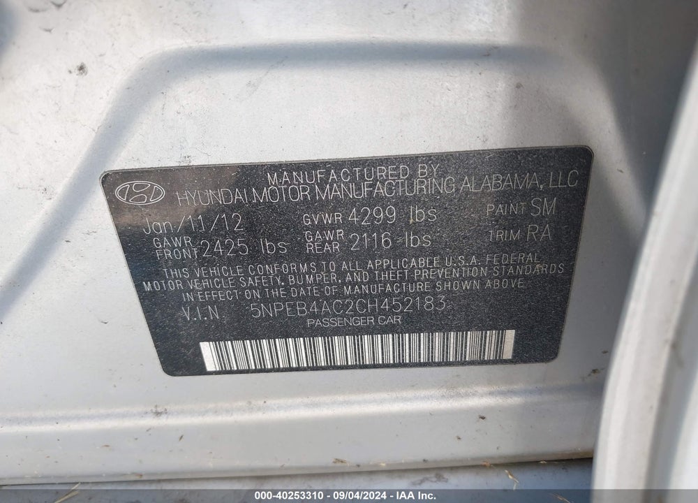 2012 HYUNDAI SONATA GLS VIN: 5NPEB4AC2CH452183
