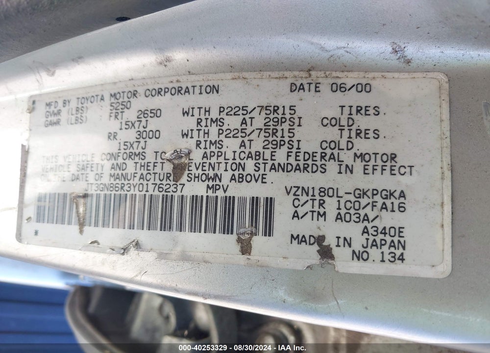 2000 TOYOTA 4RUNNER SR5 V6 VIN: JT3GN86R3Y0176237