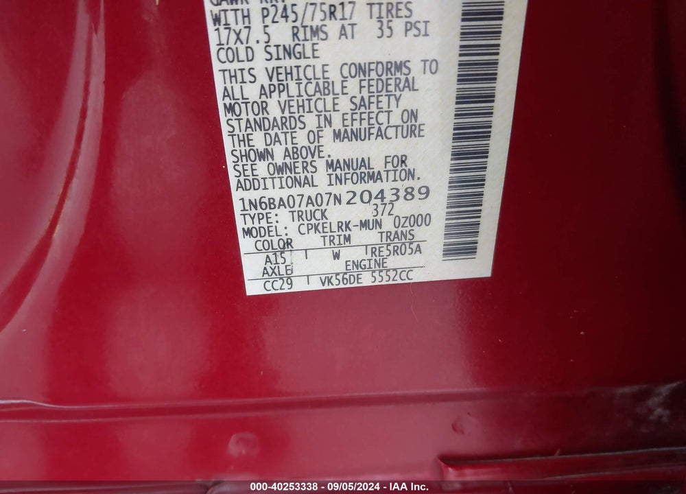 2007 NISSAN TITAN XE VIN: 1N6BA07A07N204389